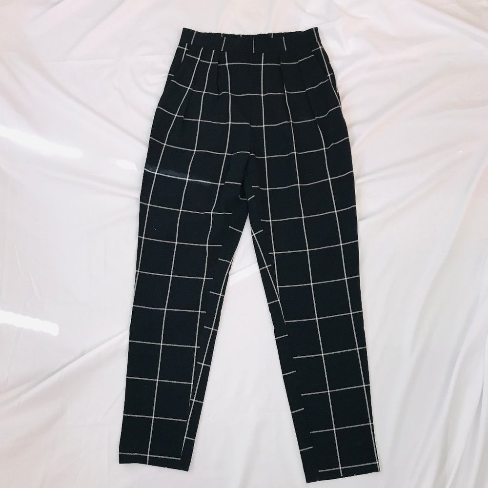 Monki b&w plaid trousers with elastic waistband